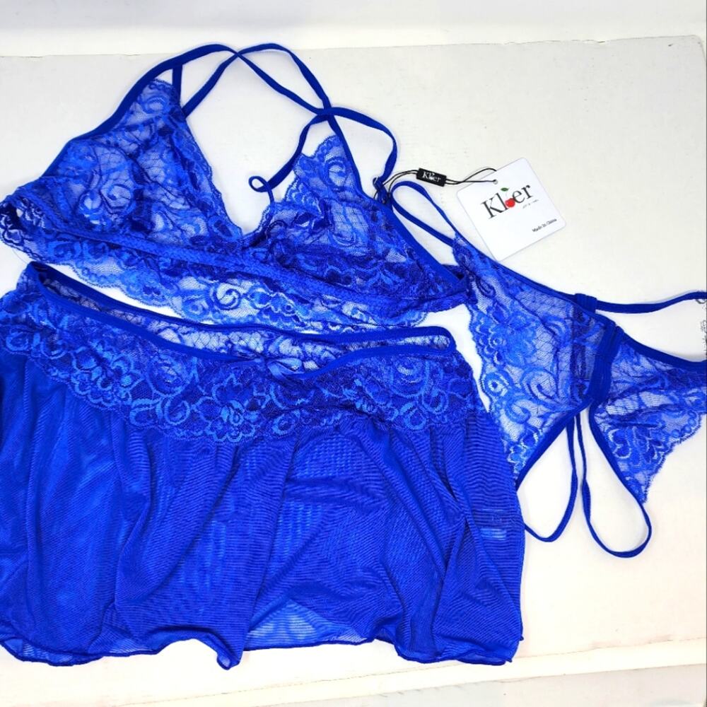 Kler Lingerie Set Lace Bra Skirt G‎ string Panty Blue Sexy Valentine Size L NWT